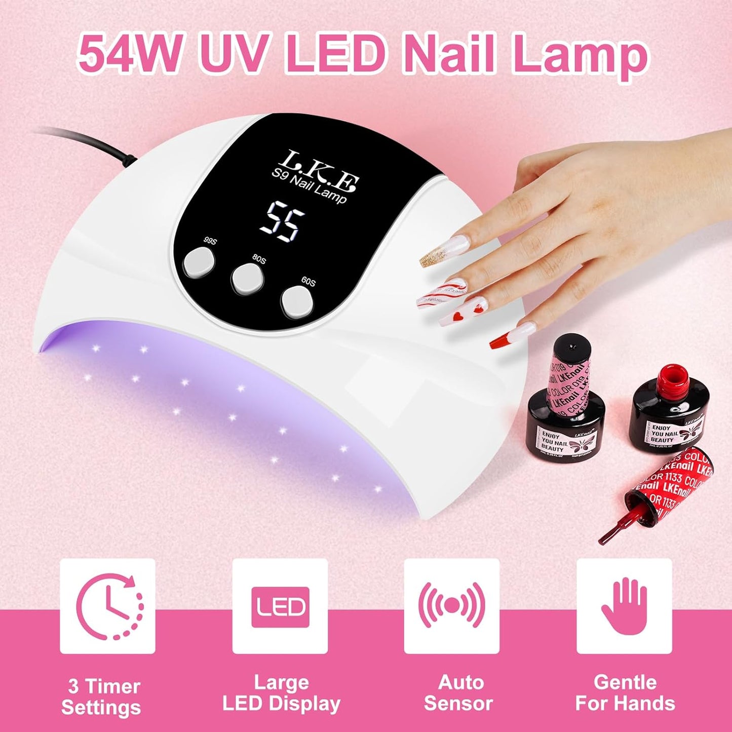 54W UV LED Nail Lamp, 3 Timers Fast Curing with Smart Sensor | Lightweight 18 Beads UV Nail Lamp for Home Travel