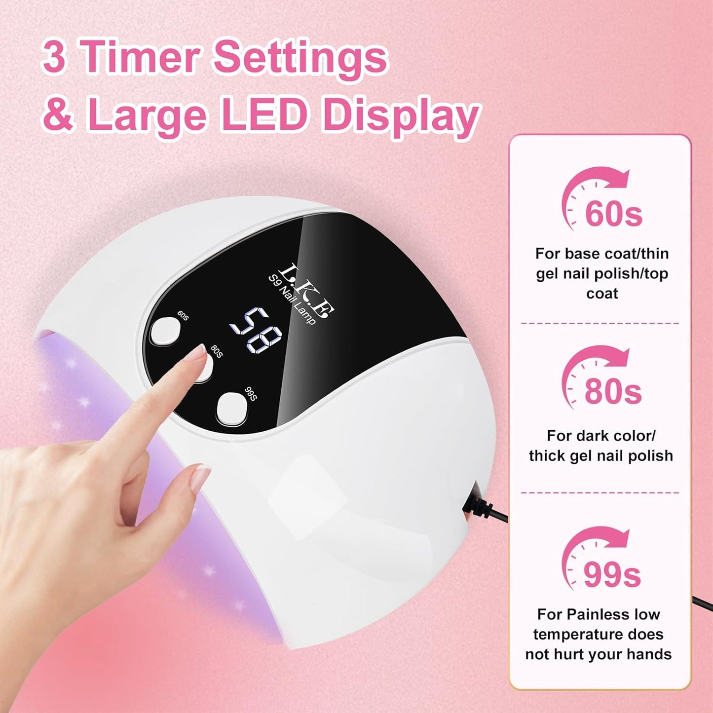 54W UV LED Nail Lamp, 3 Timers Fast Curing with Smart Sensor | Lightweight 18 Beads UV Nail Lamp for Home Travel
