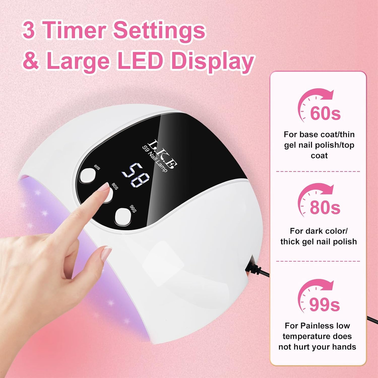 54W UV LED Nail Lamp, 3 Timers Fast Curing with Smart Sensor | Lightweight 18 Beads UV Nail Lamp for Home Travel