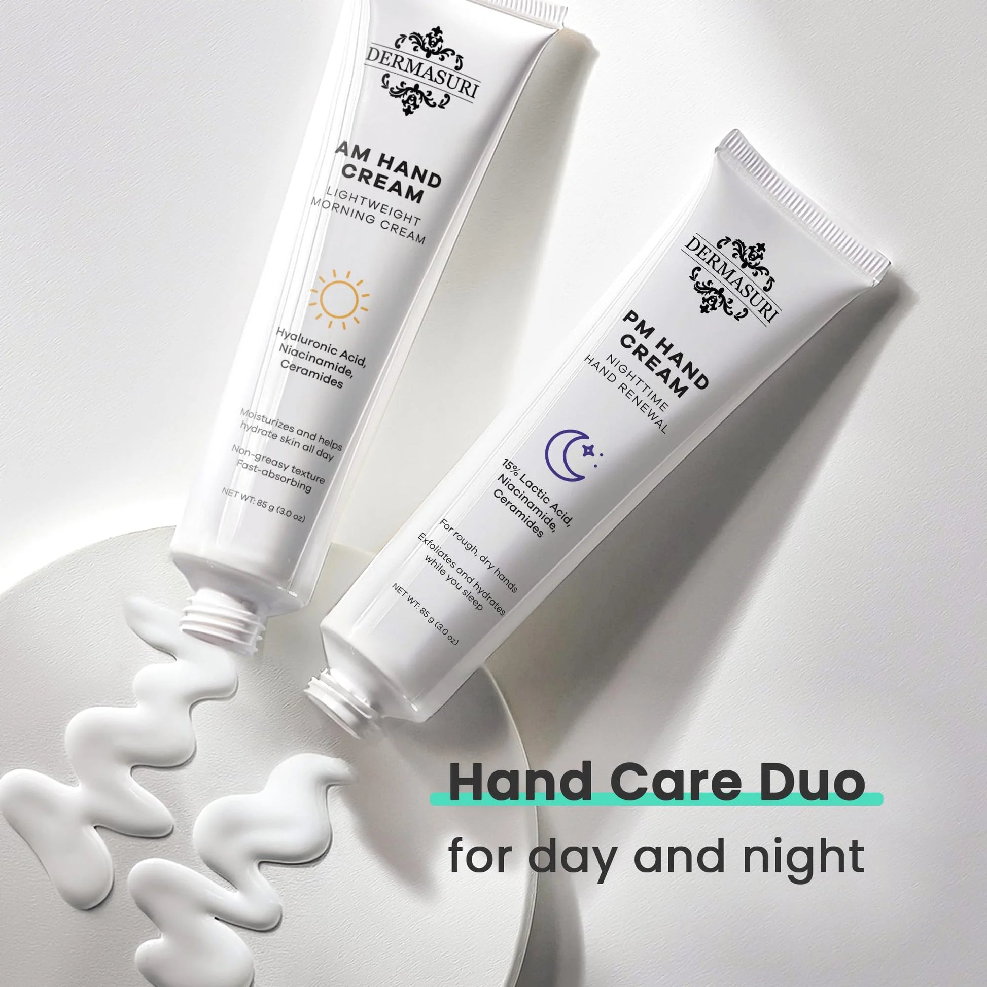 Day and Night Therapeutic Hand Cream for Dry, Cracked Hands - AM Lightweight Moisturizing Exfoliator & PM Overnight Renewal Lotion Softening Hydrating Treatment Unscented - Pack of 2