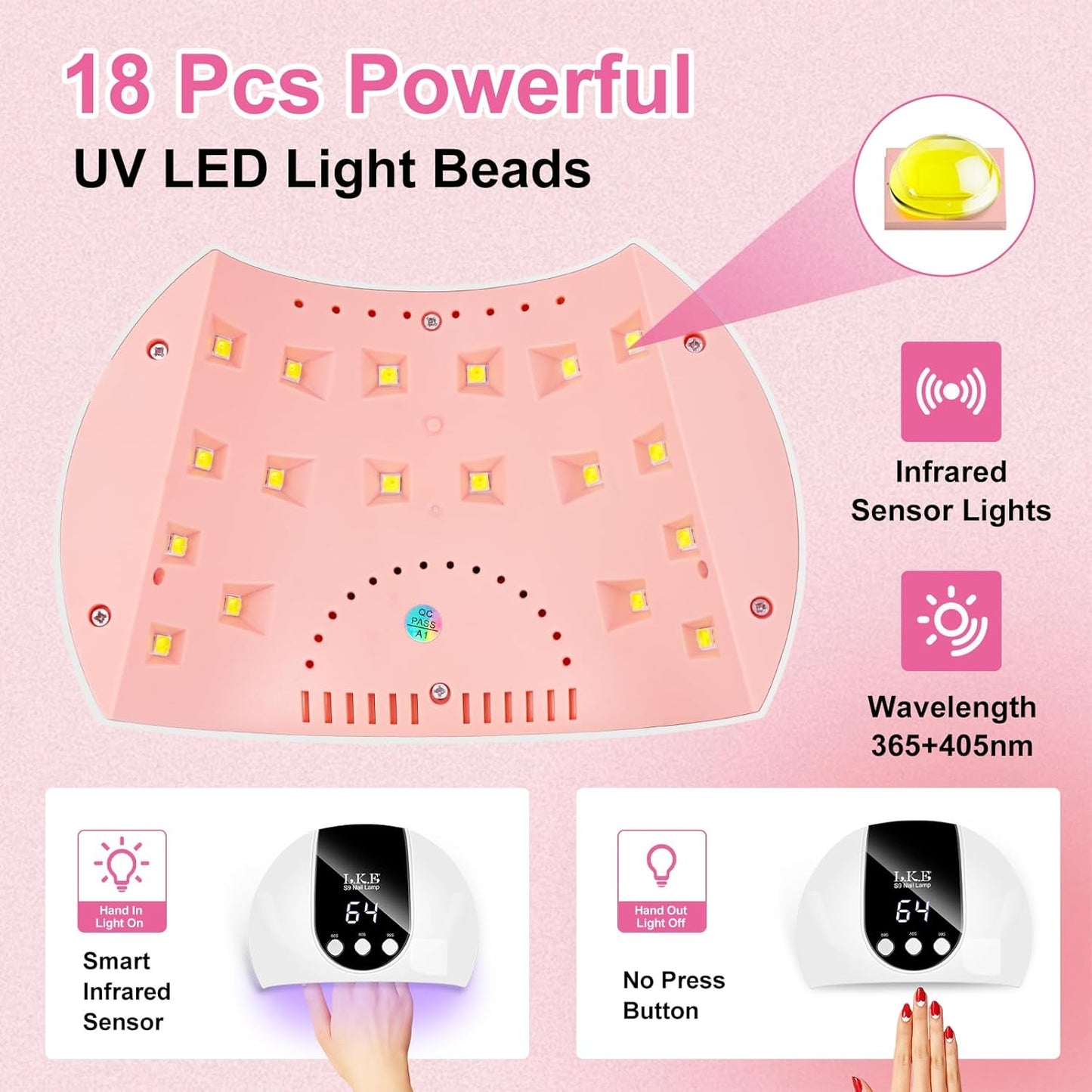 54W UV LED Nail Lamp, 3 Timers Fast Curing with Smart Sensor | Lightweight 18 Beads UV Nail Lamp for Home Travel